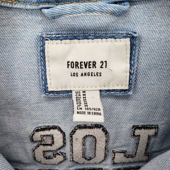 FOREVER 21 Distressed "Girl Squad" Los Angeles Denim Jacket M Light Wash Trucker - Picture 6 of 11